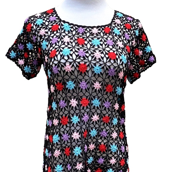 Vtg Crochet Top Small Boho Black Star Floral Open Knit Granny Hippie Summer - Picture 13 of 14